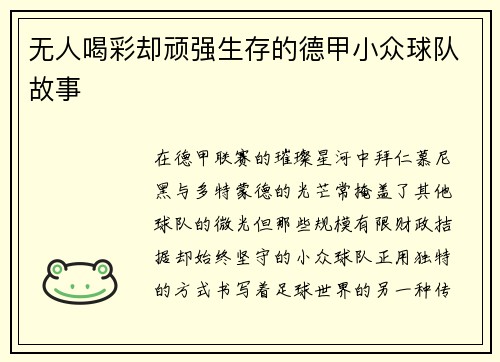 无人喝彩却顽强生存的德甲小众球队故事