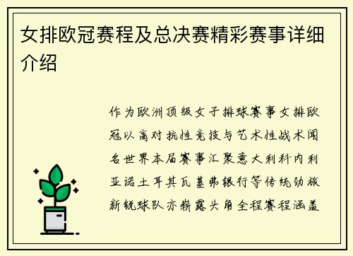 女排欧冠赛程及总决赛精彩赛事详细介绍