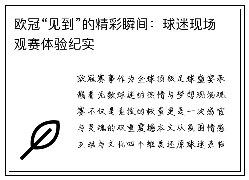 欧冠“见到”的精彩瞬间：球迷现场观赛体验纪实
